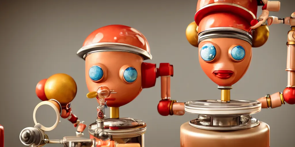 Image similar to closeup portrait of tin toy retro robot chef cooking pastry with vials in a chemical scientific lab, depth of field, zeiss lens, detailed, centered, fashion photoshoot, by nicoletta ceccoli, mark ryden, lostfish, breathtaking, 8 k resolution, extremely detailed, beautiful, establishing shot, artistic, hyperrealistic, octane render