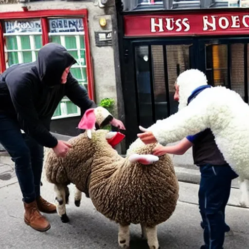 Image similar to photo of a man in a sheep costume is on fire and jesus is helping him outside a british pub