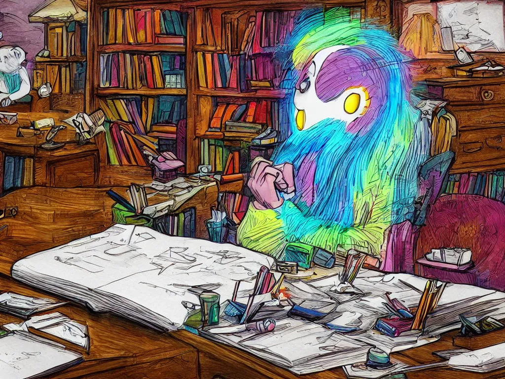 Prompt: detailed colorful concept art of a ghost writing a book in an office