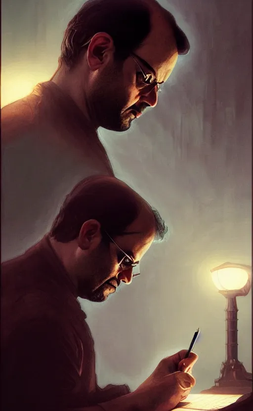 Image similar to portrait of salman rushdie writing in the dark, deep focus, blade runner 2 0 4 9, fantasy, intricate, elegant, highly detailed, digital painting, artstation, concept art, matte, sharp focus, illustration, art by artgerm and greg rutkowski and alphonse mucha