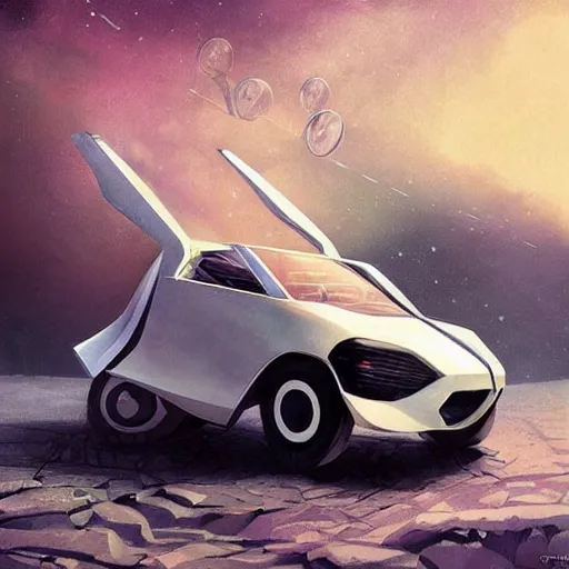 Image similar to futuristic lada flying car on the street of a Russian sleeping quarters on the moon, Norilsk, sci-fi, fantasy, intricate, very very beautiful, elegant, highly detailed, digital painting, artstation, concept art, smooth, sharp focus, illustration, art by artgerm and greg rutkowski and alphonse mucha