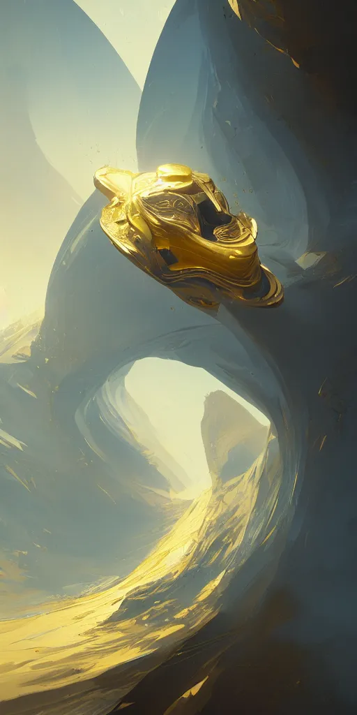 Image similar to highly detailed portrait of a semicircular bounded space surrounded by golden and blue magic powder, ultra wide angle, finer details : 3, by ian fisher and greg rutkowski, trending on artstation.