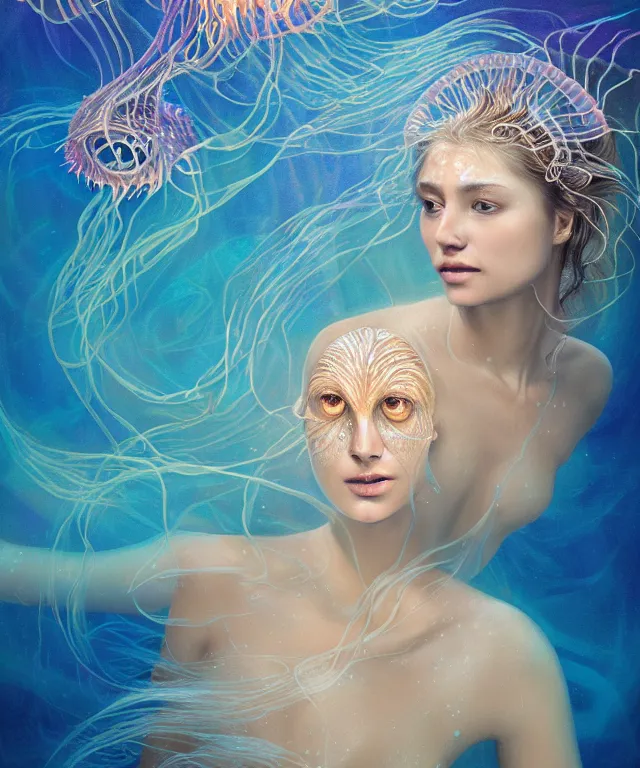 Image similar to underwater portrait of a goddess mermaid with (reaction diffusion) scaled fish skin Bioluminescent phoenix jellyfish, phoenix fire, chimera, energy rays, Her breath shot a haze of steam out into the frosty morning air concept, soft light, soft mood, realistic body features and face, illustration,intricate ornament halo, painting oil on canvas by Elena Zhurikhina and Goro Fujita and Charlie Bowater, octane render trending on artstation, 4k, 8k, HD