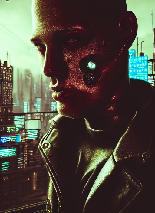 Image similar to portrait, 3 5 mm lomography, robot bouncer, gang clothing, fashion, id magazine, hyperrealism, detailed textures, photorealistic, 3 d cyberpunk apocalyptic city, ultra realistic, cinematic, intricate, cinematic light, unreal engine 8 k,, david kostic, artgerm