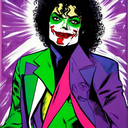 Image similar to dynamic macro head portrait of beautifu michael jackson as the joker in white sequined jacket by john romita sr and cory walker and ryan ottley and jack kirby and barry windsor - smith, comic, illustration, photo real