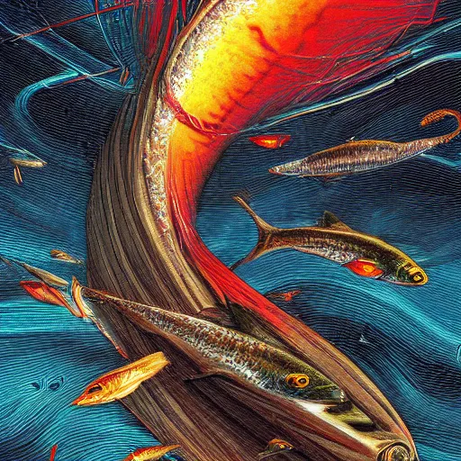 Prompt: tornado made of fishes illustration artwork cgart trending on artstation by jean giraud cinematic