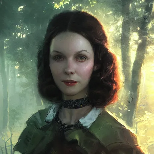 Image similar to closeup portrait of a young vivian leigh with elf ears, forest background, megacity, high fantasy, dramatic light, gorgeous view, depth, high detail, digital art, painted by greg rutkowski, trending on artstation