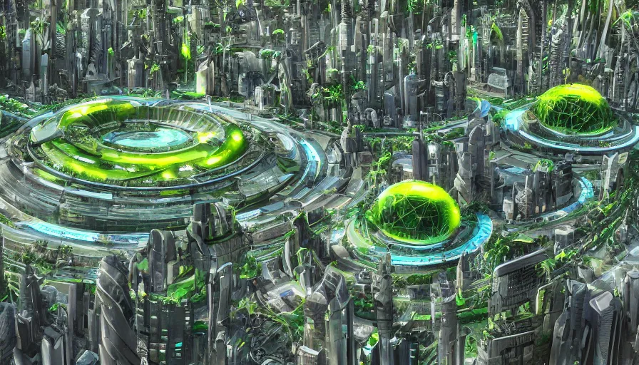 Prompt: futuristic city with huge green roundabout, trees around it, buildings, stadium, crowded streets, hyperdetailed, artstation, cgsociety, 8 k