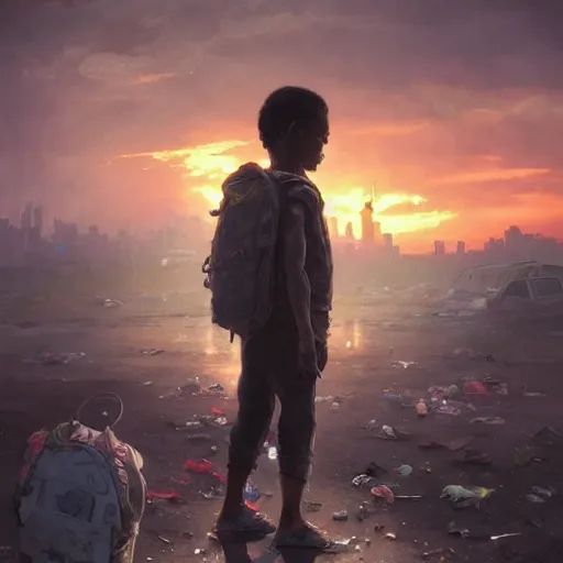 Prompt: poor detailed child with backpack standing at cars looking for food at garbage dump, destroyed cars, city is pure wasteland, moody sunset in background, greg rutkowski, alphonse mucha, trending on artstation, artgerm, unreal engine, breathtaking, award winning, highly detailed