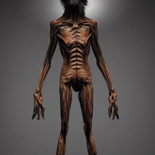 Image similar to standing photorealistic detailed tall skinny humanoid creature with fur, extremly detailed, 8 k, realistic, sharp focus, cosmic horror creature, cosmic horror