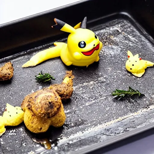 Image similar to roasted spatch pikachu in a baking tray with rosemary and thyme, cooking oil, steam, charred, ready to eat, electric sparks