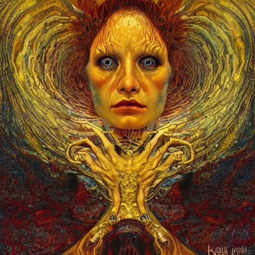 Image similar to Visions of Hell by Karol Bak, Jean Deville, Gustav Klimt, and Vincent Van Gogh, nightmare portrait, infernal, visionary, otherworldly, fractal structures, ornate gilded medieval icon, third eye, hellfire, lovecraftian, spirals, cosmic horror