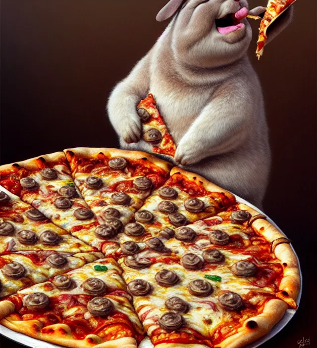 Image similar to hyper realistic derpy looking big chungus eating greasy pizza, pizza is everywhere, weird, strange, bizarre, surreal, epic composition, 2 0 0 mm focal length, painted by donato giancola, insanely quality, highly detailed, masterpiece, artstation, 4 k