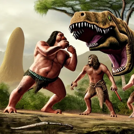 Image similar to A large dinosaur! fighting with several realistic detailed cavemen with proportioned bodies, next to the dinosaur are cavemen, the cavemen are armed with spears, the caveman are in a fighting stance, the cavemen are wearing animal furs, one caveman is stabbing the dinosaur with his spear, one caveman is cowering in fear, coarse canvas, visible brushstrokes, intricate, extremely detailed painting by William Turner (and by Greg Rutkowski)