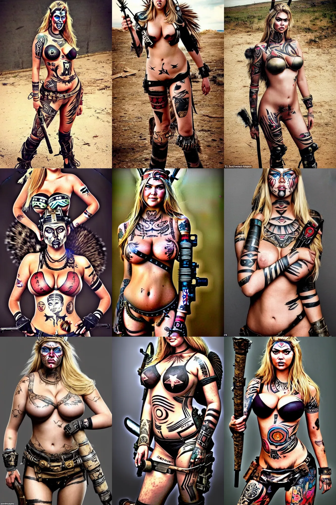 Prompt: gorgeous!! hyper - realistic woman resembling kate upton as a post - apocalyptic warrior girl with tattoos & tribal face paint standing next to a motorcyle