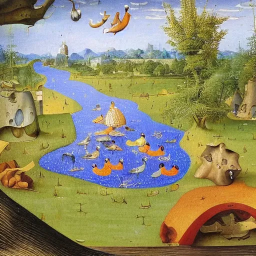 Image similar to An intricate, extremely detailed painting in a style of Hieronim Bosch featuring a river in Europe, surrounded by trees and fields. A duck is slowly moving through the water. Sun is shining.