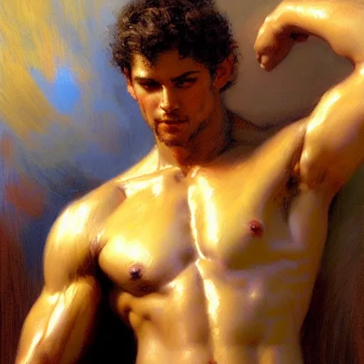 Image similar to Young greek god, muscular, detailed face, thighs, painting by Gaston Bussiere, Craig Mullins