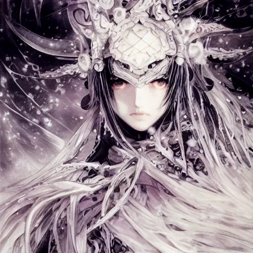 Image similar to yoshitaka amano blurred and dreamy illustration of an anime girl with black eyes, wavy white hair and crown on her head wearing elden ring armor with the cape fluttering in the wind, abstract black and white patterns on the background, noisy film grain effect, highly detailed, renaissance oil painting, weird portrait angle