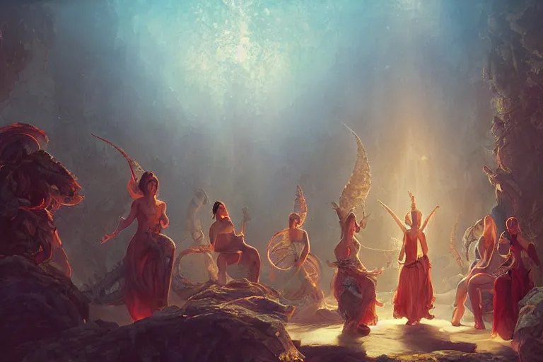 Image similar to the muses. sacred singers they who took up the strings of the deep ocean kraken, and turned the cacophony of an angry world into songs of unity and peace. morning lighting hopeful, sun beams cinematic fantasy painting, dungeons and dragons, jessica rossier and brian froud