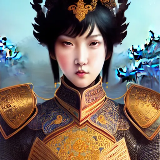 Image similar to portrait black hair young knights of Dynasty Warriors girl, rose golden color armor, in ruin chinese palace rooftop sunrise, ssci-fi and fantasy, intricate and very beautiful and elegant, highly detailed, digital painting, soft light, artstation, concept art, smooth and sharp focus, illustration, art by tian zi and WLOP and alphonse mucha