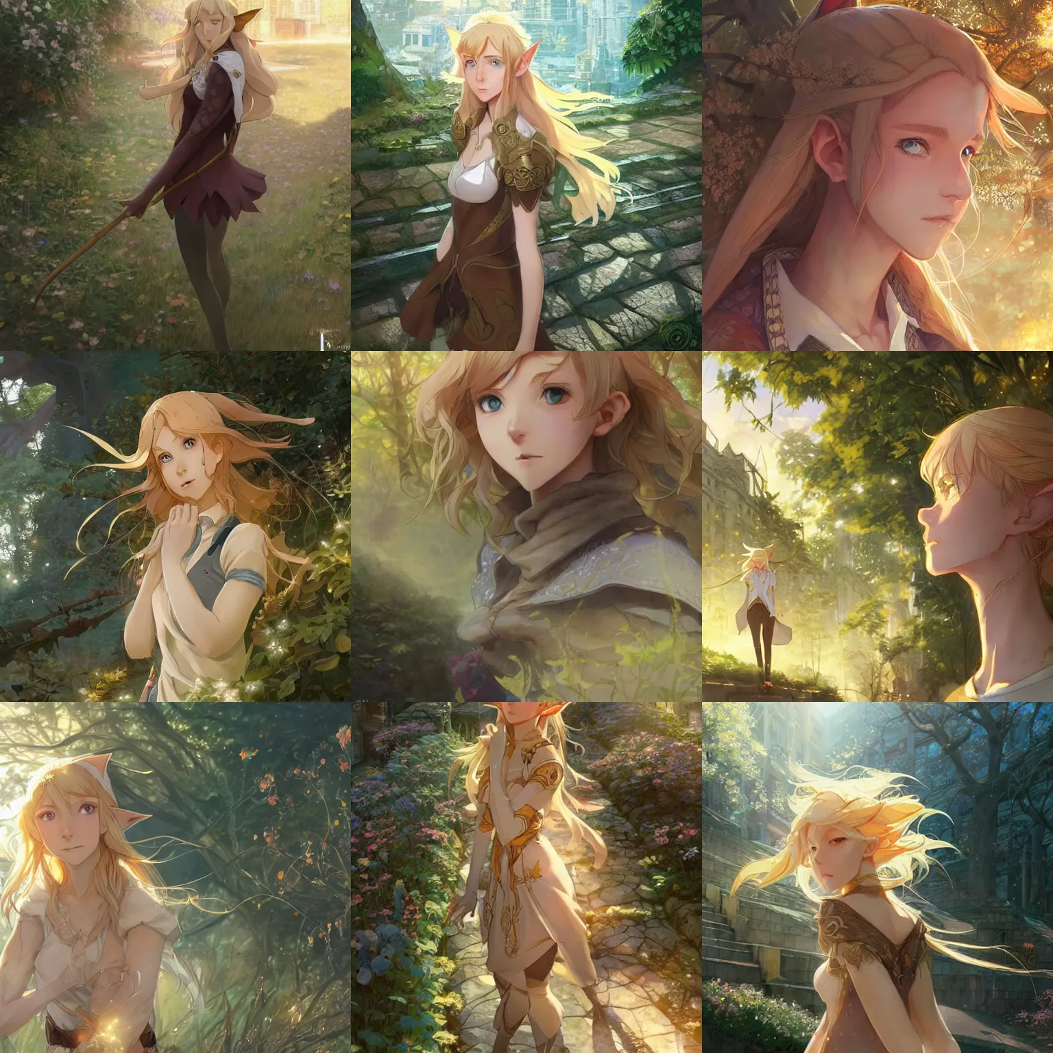 Prompt: Portrait of a golden-haired elf woman walking through a city reclaimed by nature, beautiful face, highly detailed, photoshop, digital illustration, official anime key visual, by Makoto Shinkai and Hayao Miyazaki, by Krenz Cushart and Artgerm