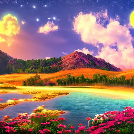 Image similar to muslim and paradise digital art beautiful landscape 4 k quality super realistic