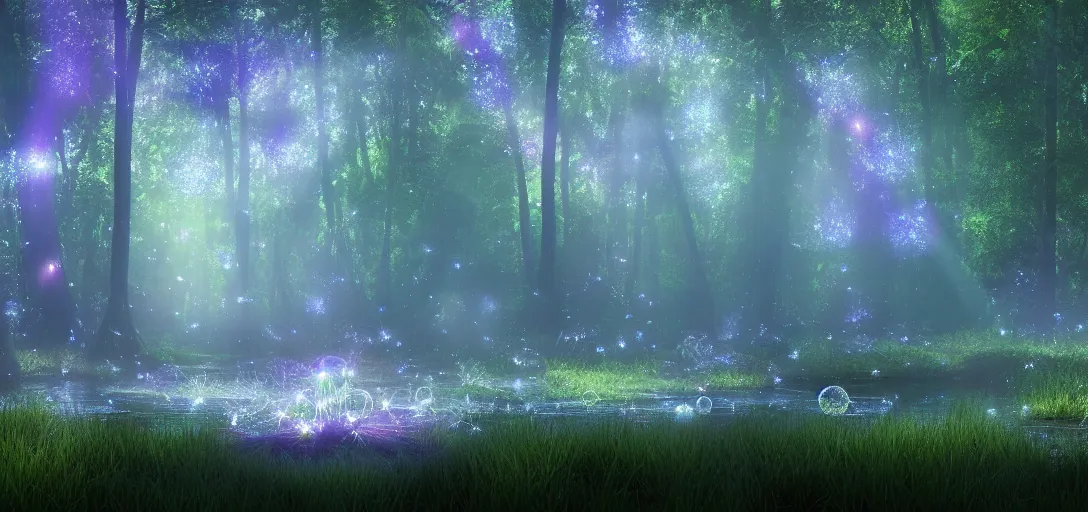 Image similar to beautiful view of a forest and a river, glowing dandelion seeds, fireflies, magical fairy dust, glowing water with caustics, mystical atmosphere, dappled light, reflections, light rays. refraction, symmetry, cinematic lighting, ultra detailed, sharp, ambient occlusion, bloom, raytracing, by dylan cole, sebastian meyer and jordan grimmer