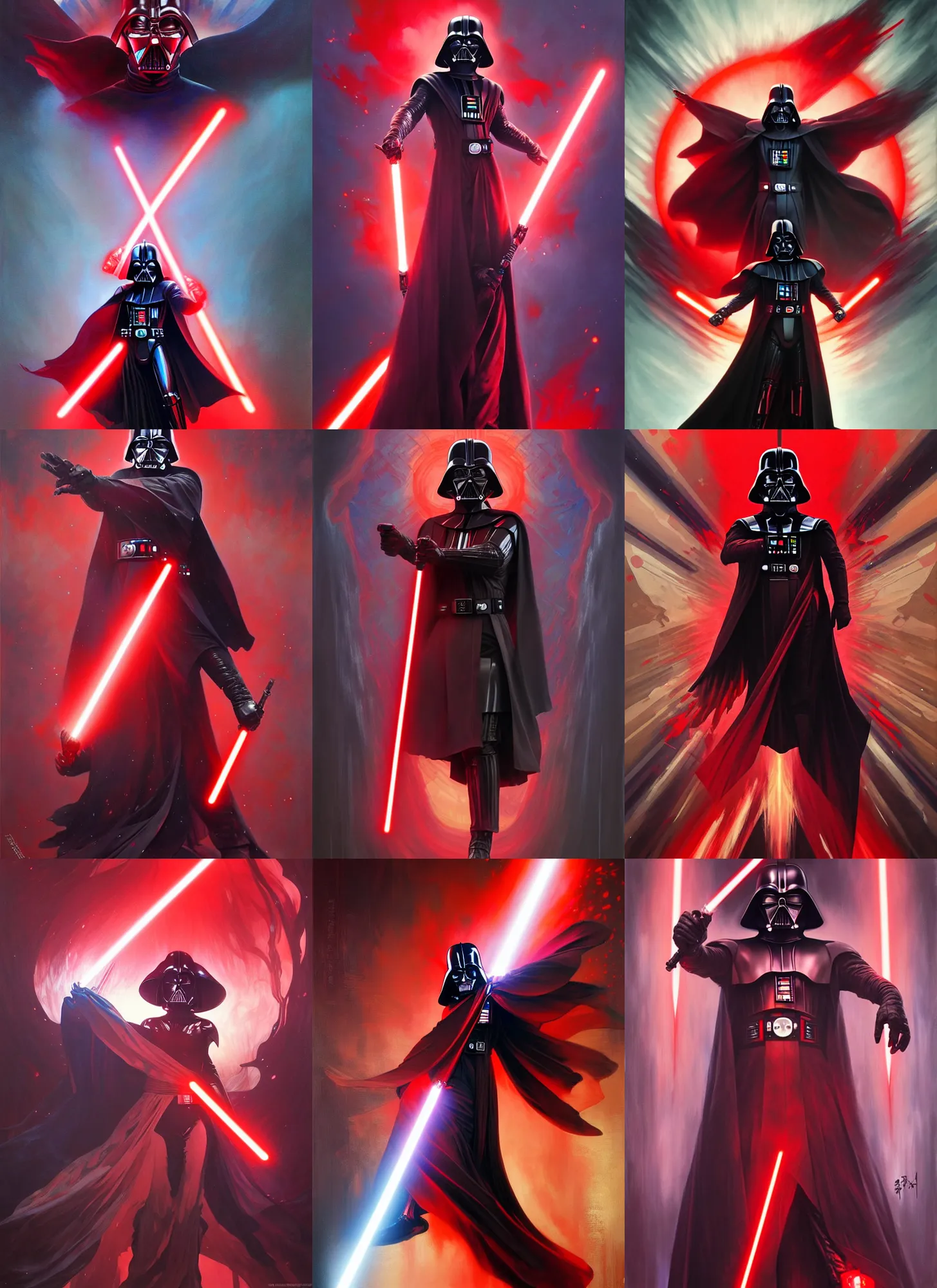 Prompt: darth vadar, red spike aura in motion, floating pieces, painted by art by tsuyoshi nagano, greg rutkowski, artgerm, alphonse mucha, spike painting