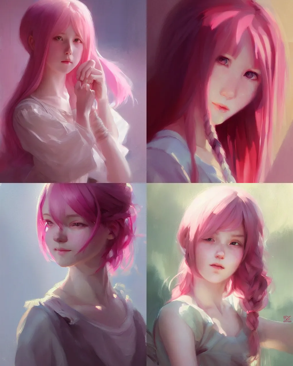 Prompt: girl with pink hair and cute dress, portrait, illustration, rim light, atmospheric lighting, perfectly shaded, soft painting, art by krenz cushart and wenjun lin