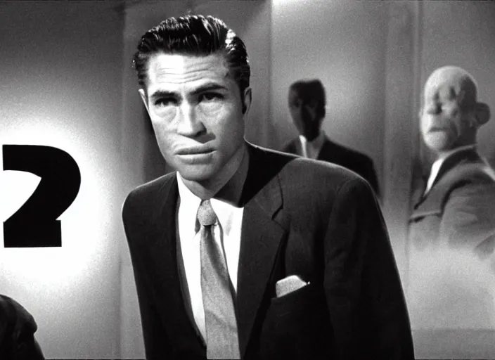 Prompt: a movie still of the twilight zone where the american president is a secret alien