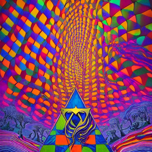 Prompt: Psychedelic Inter-dimensional freemasonic checkered trippy dreamscape in the style of an album cover by Howard Finster, Michael Cheval (unreal engine, 3d highly detailed, 8k, UHD, fantasy, dream, otherworldly, bizzare, spirals, colourful, vivid)