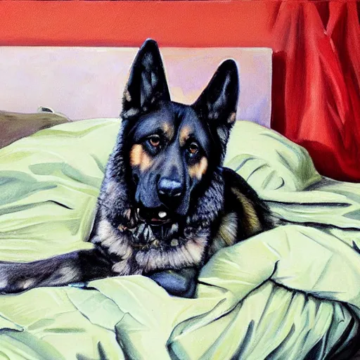 Prompt: a oil painting of a anthropomorphic german shepherd beast - man, wearing military outfit, lying on a humble unmade bed wrinkled bed sheets