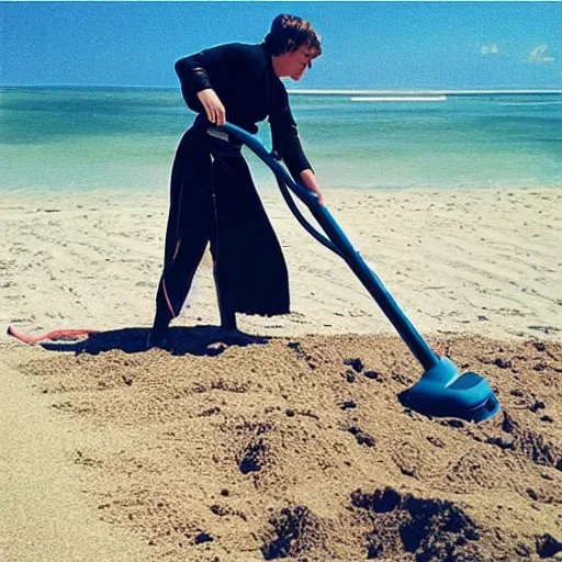 Image similar to “Anakin Skywalker vacuuming the beach to remove sand”