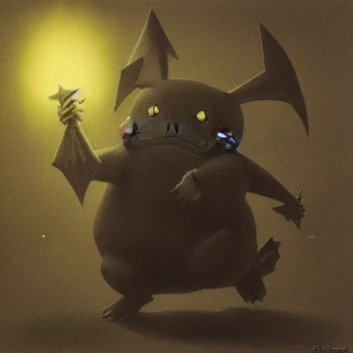 Prompt: Pikachu as a dark souls boss by zdzisław beksiński