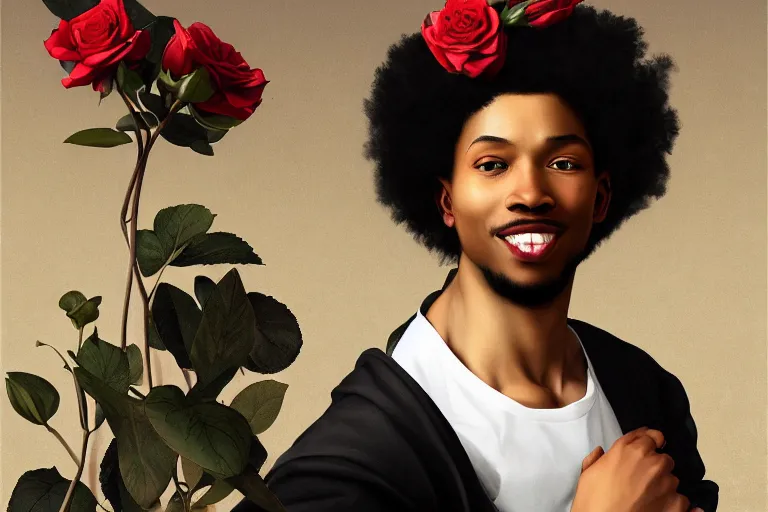 Image similar to young black male smiling with a crown of lilies and roses, digital renaissance painting by artgerm by caravaggio and face by wlop