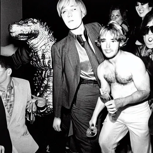 Image similar to godzilla partying at studio 5 4 b & w grainy photograph lots of celebrities including andy warhol