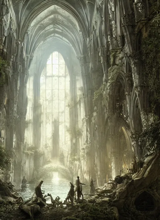 Image similar to medieval adventurers in lord of the rings scenery landscape, inside an enormous overgrown cathedral made of bones, water, reflections, magic portal,, highly detailed, cinematic lighting, vivid colors, perfect composition, 4 k, gustave dore, derek zabrocki, greg rutkowski, belsinski, octane render