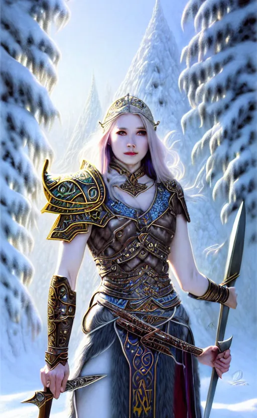 Image similar to opal viking warrior, regal, elegant, winter, snow, beautiful, stunning, hd, illustration, epic, d & d, fantasy, intricate, elegant, highly detailed, wide angle, digital painting, artstation, concept art, smooth, sharp focus, illustration, wallpaper, art by artgerm and greg rutkowski and alphonse mucha and jin xiaodi