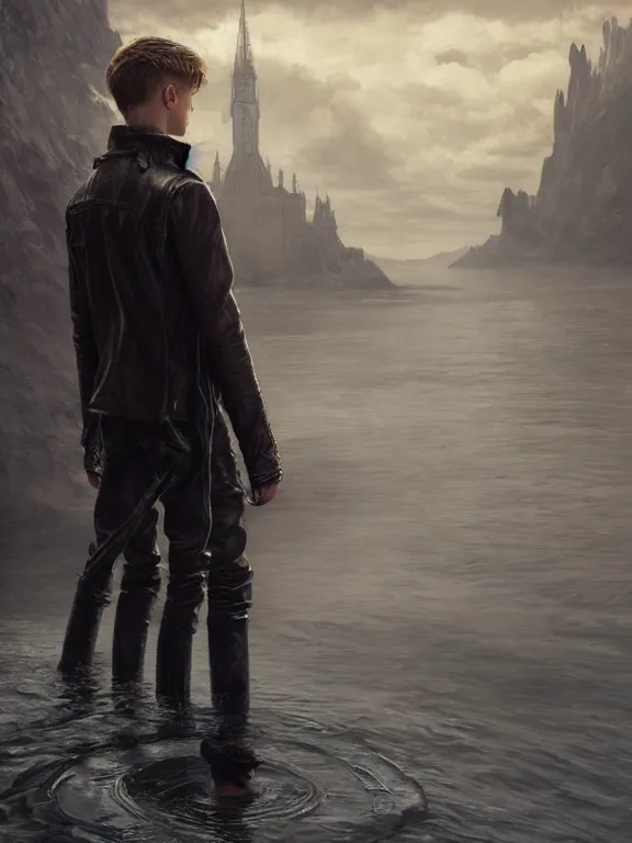 Image similar to a beautiful and detailed matte painting of a young blonde male teenage boy wearing a leather jacket walking on water, fantasy, d & d, dark eyeliner, intricate, elegant, highly detailed, digital painting, artstation, concept art, matte, sharp focus, illustration, art by greg rutkowski and alphonse mucha