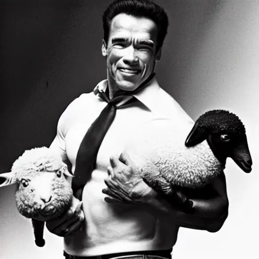 Image similar to arnold schwarzenegger lifting a sheep as nendoroid!, kodak film