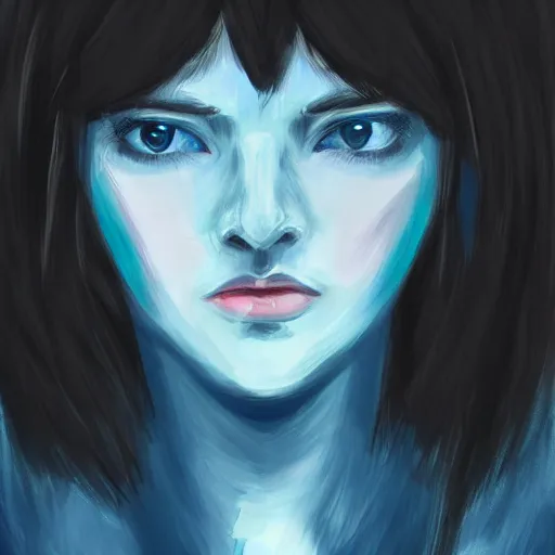 Image similar to « portrait, attractive, blue eyes, black hair, middle length hair, ghost in the shell, front view, digital painting »