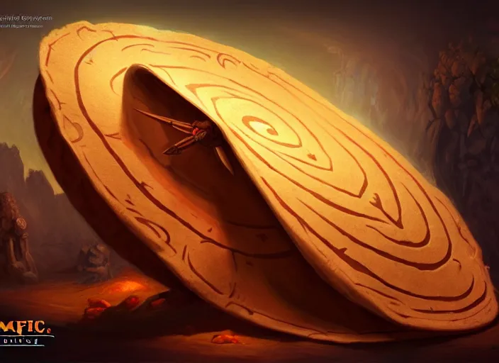 Prompt: a giant flour tortilla wrap that has curious eyes, by marco bucci and frank frazetta, style of magic the gathering, high resolution, fantasy coloring, intricate, digital painting, artstation, smooth, sharp focus