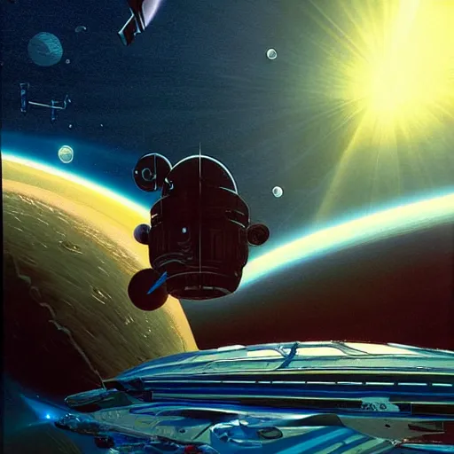 Image similar to Sci-fi exploration station in deep space, cinematic angle, cinematic lighting, blue sky, sun in the sky, by Syd Mead, John Harris, Federico Pelat