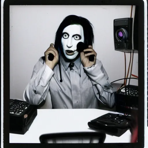 Image similar to Marilyn Manson, working in a call center, polaroid photograph, 4k
