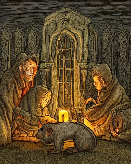 Image similar to monk possums at a medieval cemetery at night, highly detailed, digital art, isometric