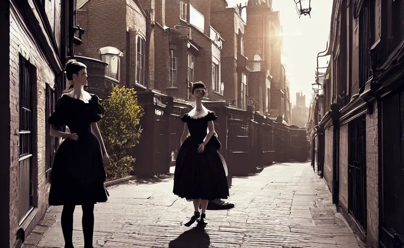 Prompt: photorealistic young Victorian woman wearing a black dress and hair in a bun, standing in a busy Victorian London back alley, in the background are street sellers, people. Evening sunlight. Gaslight street lamps. 8K. detailed. photorealism. artstation. 25mm f/1.7 ASPH Lens. ultra realistic