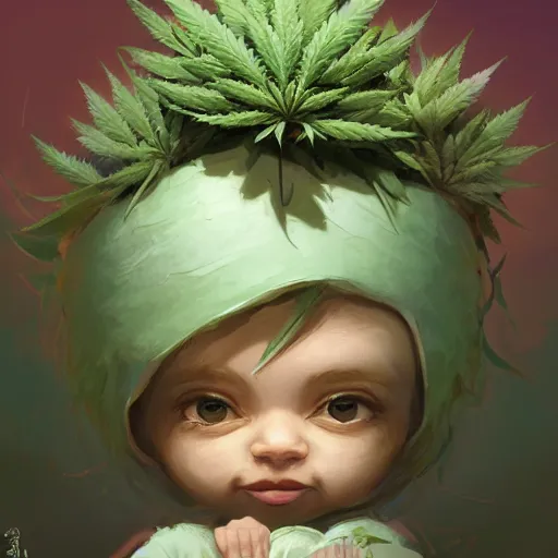 Prompt: a cute little baby made of hemp, with a head in the form of a cannabis bloom, like baby grut, green skin, character, art by james jean and greg rutkowski!!, realistic face, digital art, chibi style, golden ratio, perfect composition, trending on artstation, 8 k