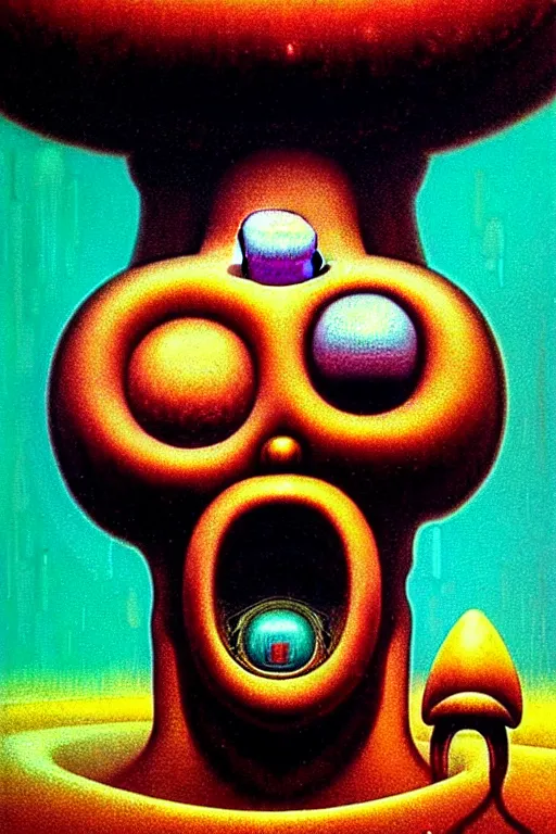 Image similar to 8 0 s art deco close up portait of mushroom head with big mouth surrounded by spheres, rain like a dream oil painting curvalinear clothing cinematic dramatic cyberpunk textural fluid lines otherworldly vaporwave interesting details fantasy lut epic composition by basquiat zdzisław beksinski james jean artgerm rutkowski moebius francis bacon gustav klimt