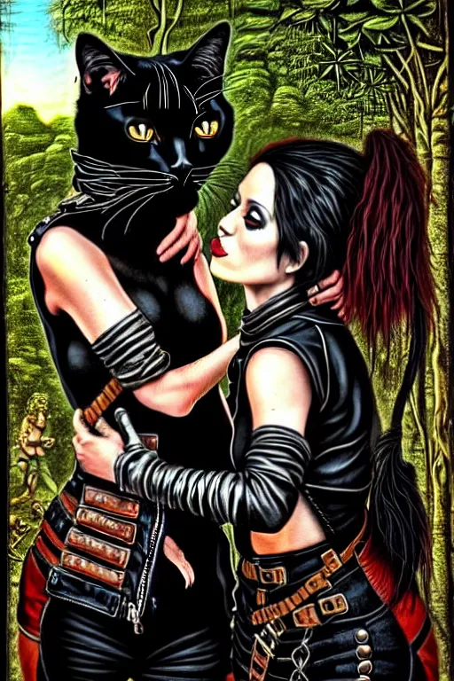 Prompt: punk rock girls kissing and making selfie with black cats in jungle , 1980 style, mad max jacket, post apocalyptic, Cyberpunk, renaissance, Gothic, mystic, highly detailed, digital painting, 4k, oil painting by Leonardo Da Vinci, hyper realistic style, fantasy by Olga Fedorova