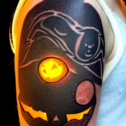 Prompt: cartoon tattoo of a halloween pumpkin with glowing eyes on shoulder with light shading in the background, night time scene in graveyard with full moon and bats flying, mist